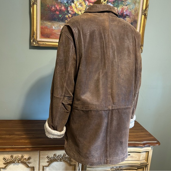Wilsons Pelle Studio Brown Leather Sherpa Fur Lined Mid Length Heavy Winter Coat - Picture 8 of 17